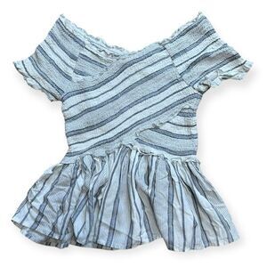 JOPRA Women's White Blue Striped Peplum Smocked Off The Shoulder Cropped Stretch